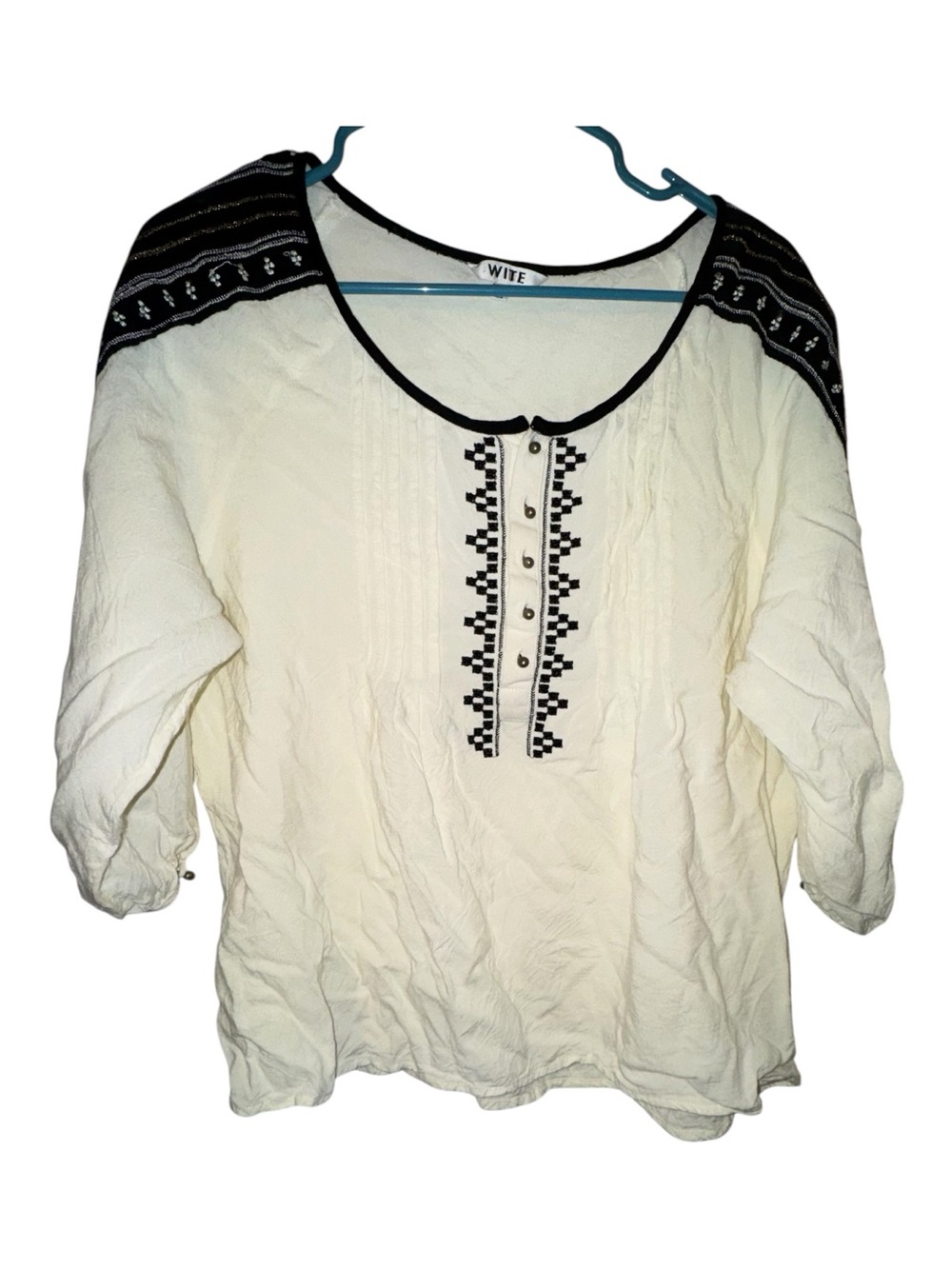 Cream Tunic with Black Embroidered Accents Ball Front & Sleeve Buttons
